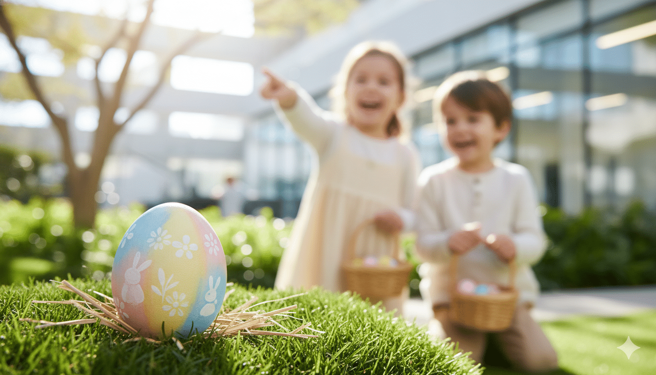 Pâques en entreprise Enfants qui jouent dans le jardin d'un espace d'entreprise en extérieur